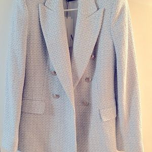 Zara double-breasted blazer blue and white tweed textured Medium M
